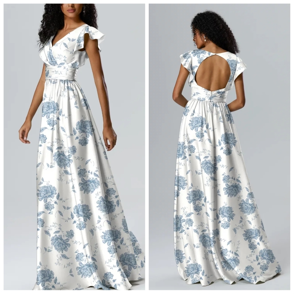 AW Bridal Willow Dusty Blue Peonies Satin Bridesmaid A-Line Dress 14 NWOT